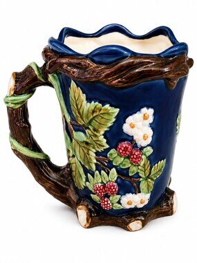 Vintage 1991 Wanjiang China Nouveau Majolica Cobalt Blue Floral Berry Pitcher